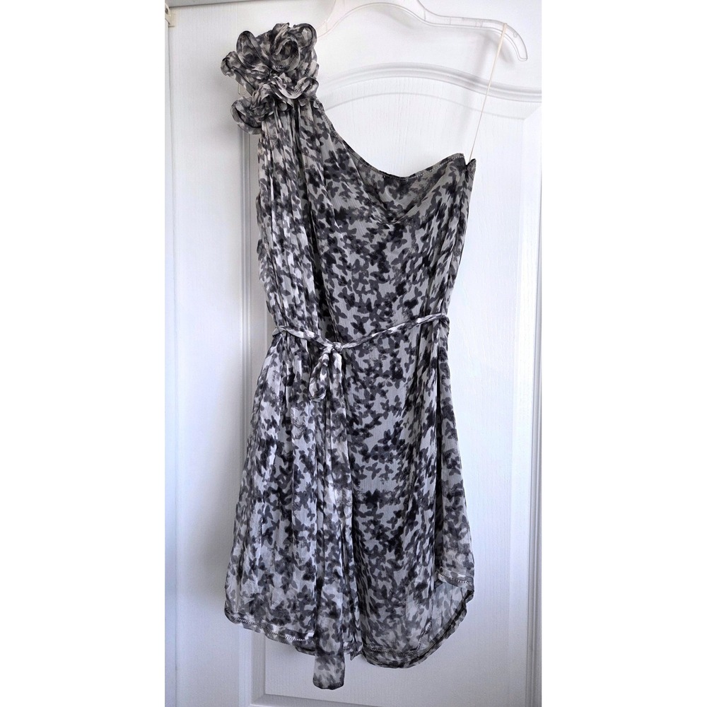 Leon Max Limited Edition 100% Silk One Shoulder Rosette Mini Dress Grey Black M